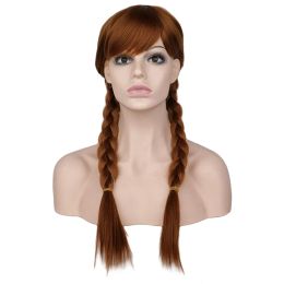 Wigs QQXCAIW Women Long Brown Princess Braid Cosplay Wig Anna Party Costume Girls High Temperature Fibre Synthetic Hair Wigs