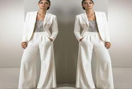 2018 White Three Pieces Mother Of The Bride Pant Suits For Silver Sequined Wedding Guest Dress With Jackets Plus Size7509851