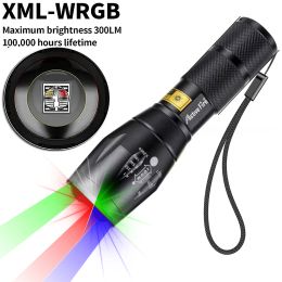 Upgraded Zoomable Red Flashlight, 4 Color in 1 Flash Light, Green Red Blue White Multi-Color RGBW Led with Memory for Fishing