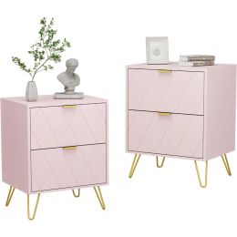 Anbuy Pink Nightstand Set of 2, End Side Table Double, Bedside Table with 2 Drawers, Dual Night Stand Gold Legs for Bedroom