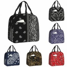 black And White Paisley Chicano Bandana Style Portable Lunch Box Women Waterproof Cooler Thermal Food Insulated Lunch Bag School P0Kw#