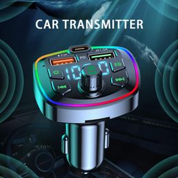 1~10PCS Car Bluetooth 5.0 Charger Dual Usb Pd 18w Type-c Cigarette Lighter Hands-free Fm Transmitter 3.1a Colorful Ambient Light