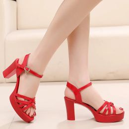 Small Size 33-43 Elegant Patent Leather Shoes Women's Platform Sandals Summer 2024 Block High Heels Sandals Office Model Mom