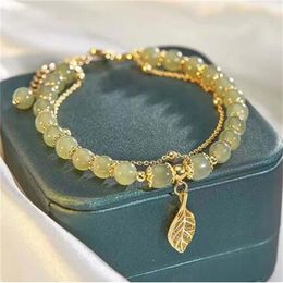 Chinese Style Green Hetian Jade Bracelet For Women Vintage Gold Colour Leaves Double Layer Beaded Bracelet Jewellery Gifts