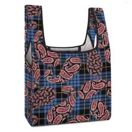 Shopping Bags Customised Printed Collapsible Bag Double Strap Handbag Blue Cheque Print Tote Casual Woman Grocery Custom Pattern