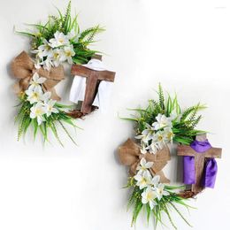 Decorative Flowers Bright Easter Decoration Wooden Wreath With Artificial White Flower Bowknot Ribbon Indoor Outdoor Holiday For Window