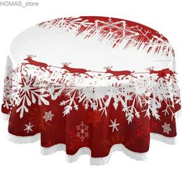 Table Cloth Christmas Tree Reinder Sleigh Tablecloth Winter Snowflakes Xmas Santa Round Table Cover Cloths Washable Polyester Tabletop Decor Y240401