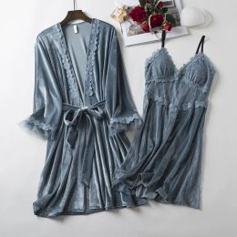 Velour Twinset Robe Set Womens Sexy Lace Sleepwear Nightwear Loungewear Spring Casual Kimono Bathrobe Gown Home Wear