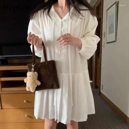 Casual Dresses Neploe 2024 Spring Autumn French Gentle Style Vestido Half Open Neck Lace Loose Splicing Hundred Pleats Long Sleeve Dress