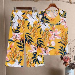 Home Clothing Soft Comfortable Women Pyjama Set Flower Print Mid-aged Mother Pyjamas With Loose Pleated Vest Wide Leg Pants For Homewear
