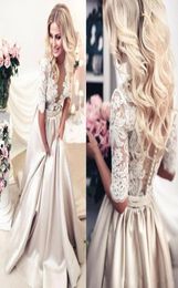 Romantic Sexy V Neck Transparent Half Sleeve A Line Wedding Dress with Pockets Lace Satin Champagne Bridal Gown 2019 Custom Made A6195064