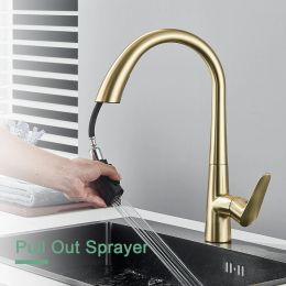 Brushed Gold Gourmet Kitchen Faucet Luxury Flexible Pull Out Mixer Tap Deck Mounted 360 Swivel 2 Mode Hot Cold Water Faucets