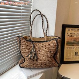 Shoulder Bags Women Crochet Handbag Hollow Out Tassel Grocery Bag With Short Handle Solid Colour Woven For Female Girls