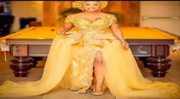 One pcs Yellow Lace Evening Dresses Mermaid 2022 African Long Prom Gowns Split Front Off The Shoulder Modest Mother Of The Bride D6271913