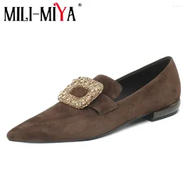 Casual Shoes MILI-MIYA Fashion Crystal Buckle Women Kid Suede Flats Pointed Toe Slip On Solid Colour Low Thick Heels Street