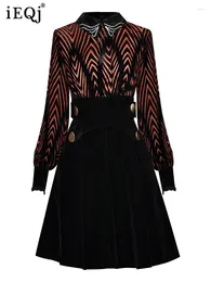 Casual Dresses Spliced Lapel Beaded Lantern Sleeves Striped Velvet For Women Fashion Designer Dress 2024 Spring 3WM808