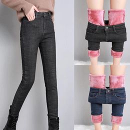 Women's Jeans Winter Thickened H 2024 High Waist Lengthened Feet Slim Thermal Outwear Trousers With Fleece