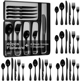 49 Piece Black Silverware Set Drawer Storage Box, Stainless Steel Tableware Suitable for 8 People, Matte Steak Knife, Fork, Spoon - Can Be Washed with A