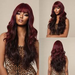 Wigs Long Ombre Highlight Wine Red Wigs with Bangs Curly Synthetic Wig for Black Women Daily Use Party Cosplay Heat Temperature Hair