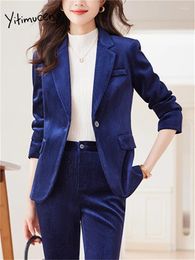 Women's Two Piece Pants Yitimuceng Office Ladies Sets Womens Outifits 2024 Turn Down Collar Long Sleeve Blazers Slim Wide Leg Pant Suits
