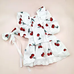Dog Apparel Sleeves Pet Outfit Stylish Cherry Print Dress With Headgear For Cats Dogs Summer Breathable Vest Small Teddy