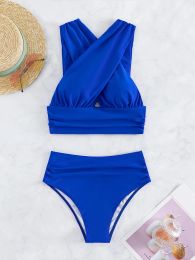 In-X High Waist Bathing Suit Ladies Solid Blue Bikini Set Crisscross Swimwear Women 2023 New Bikini Push Up Women Sexy Crop Top