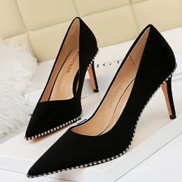 Boots BIGTREE Shoes Black Heels Metal Beads Woman Pumps Suede High Heels Stiletto Wedding Shoes Women Heels Female Plus Size 41 42 43