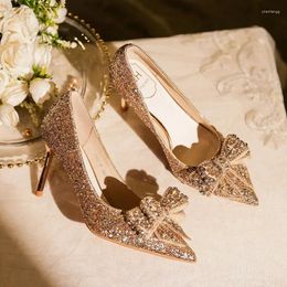 Dress Shoes 2024 Autumn Luxury Pointed Toe Pumps Sequined Rhinestone Butterfly Women Heels Gold Silver High Party Wedding