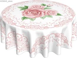 Table Cloth Pink Floral Round Tablecloth 60 Inch Ruitic Flower Table Cloth Waterproof Fabric Modern Table Decor for Holiday Party Wedding Y240401