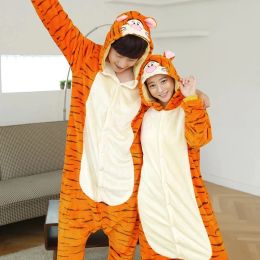 Tiger Kigurumi Pajamas Suit For Adults Kids Family Animal Onesie Winter Warm Flannel Sleepwear Hooded Anime Cosplay Costumes