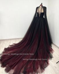 Verngo Fantasy Gothic Black Wedding Dress Sweetheart Beadings Bride Dress with Cape Tulle Lace Up Civil Bridal Gown Halloween