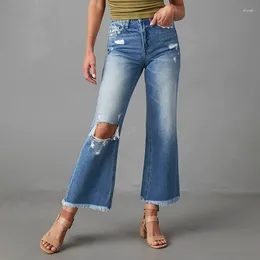 Women's Jeans Ripped Tassel Flare High Stretch Loose Wide Leg Denim Trousers Pants Streetwear Casual Fashion