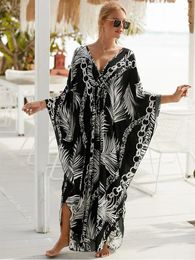 Casual Dresses Sexy V Neck Feather Printing Black Maxi For Women Summer 2024 Side Split Batwing Sleeve Beach Long Dress Q1297