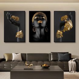 3pcs African Black Women With Gold Jewellery Wall Art Posters Perfect Living Room Prints Canvas For Home Wall Art Decor Pictures