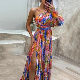 Casual Dresses Elegant Formal Dress One Shoulder Floral Print Maxi With Side Split Hem Pleated Detail For Parties Banquets