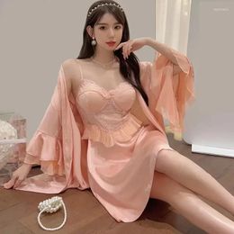 Home Clothing Robe Gown Bathrobe Sleepwear Summer Female Satin Suit Set Women Nightgown Nightwear Twinset Lingerie Loungewear Lace