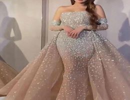 2021 New Pink Evening Dresses Jewel Neck Beaded Sequined Lace Long Sleeve Mermaid Prom Dress Sweep Train Custom Illusion Robes De 9014329