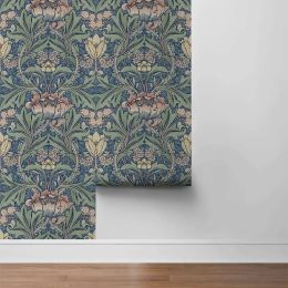 Morris Flower Wallpaper in Blue Color, Peel & Stick Wall Paper with Vintage damask Floral pattern, Nursery Wallpaper, Self-Adhes