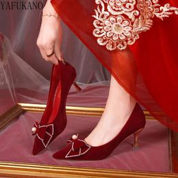 Dress Shoes Sweet Bow Pearl Rhinestones Decor Women Pumps Wine Red Suede Stiletto High Heels Wedding Sexy Pointed Single Ladies