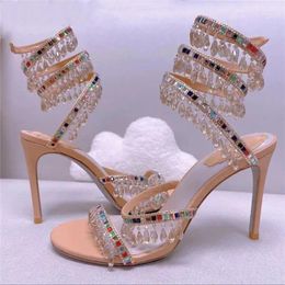 Dress Shoes 2024 Colourful Crystal Wrap High Thin Heel Sandals Round Toe Droplets Snake Wrapped Rhinestone Stiletto Banquet