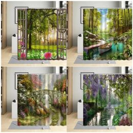 Shower Curtains Spring Landscape Forest Flowers Rural Natural Scenery Waterproof Fabric Bathroom Decor Hooks Bathtub Curtain Set