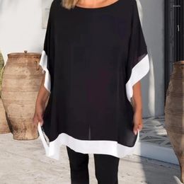 Women's Blouses O-neck Half Sleeve Blouse Stylish Summer Casual Tops With Batwing Sleeves Colour Block Design Loose Fit For Streetwear