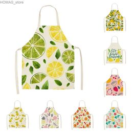 Aprons Summer fruit pattern printing childrens flax apron kitchen cooking cuffless oil -proof pollution apron house cleaning tool Y240401