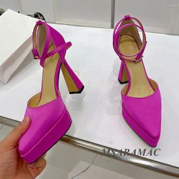 Sandals Summer Pink Silk Pointy Toe Women's High-heel High-Quality Ankle Belt Wedding Shoes Height Increase Dress