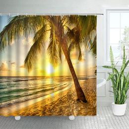 Shower Curtains Dusk Beach Palm Tree Ocean Landscape Hawaii Natural Scenery Home Polyester Cloth Bath Curtain Bathroom Decor Set