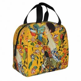 gustav Klimt Insulated Lunch Bags Portable Lady with Fan Reusable Cooler Bag Tote Lunch Box Beach Outdoor Girl Boy 61E0#