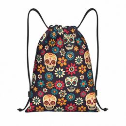 day Of The Dead Pattern Drawstring Backpack Women Men Gym Sport Sackpack Foldable Sugar Skull Santa Muerte Training Bag Sack P3C1#