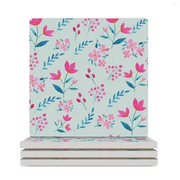 Table Mats Bright Pink Florals On Mint Ceramic Coasters (Square) For Cups Set Cup Pads Tea