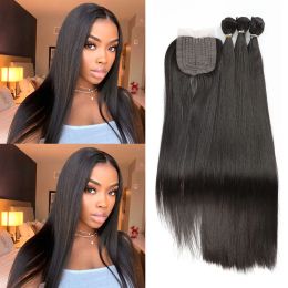 Pack Synthetic Hair Bundles with Closure All in 1 Straight Synthetic Sew in Weave Hair Bundles Women Weavon 3 Bundles with Closures