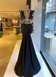 Dubai Black High Neck Crystal Evening Dresses 2021 Long Sleeve African Satin Plus Size Mermaid Formal Prom Party Gowns Robe De Soi8004343